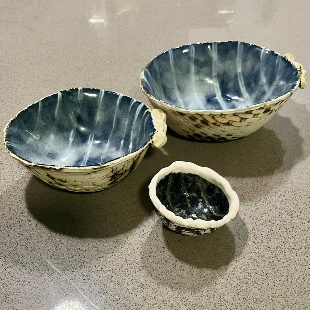 Set of 3 Ceramic Clay Kitchen Bowls - for Serving or Decor - Blue Stripes